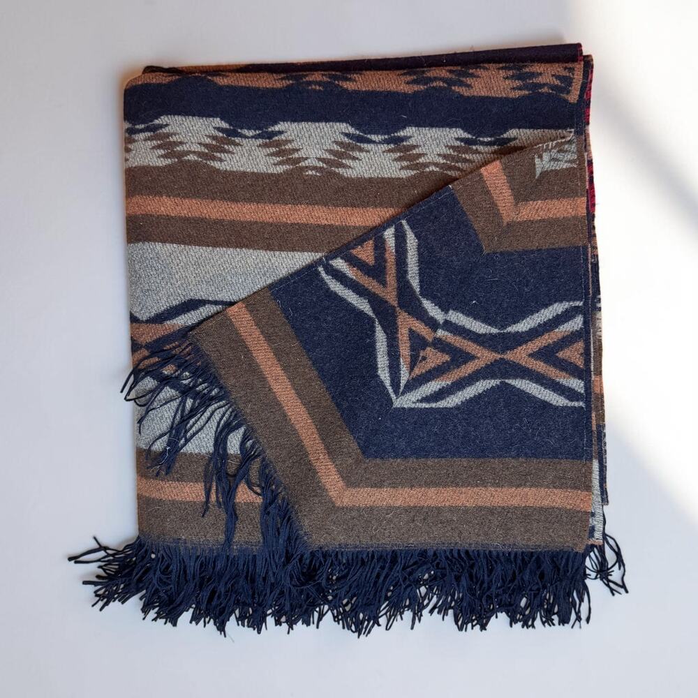 Pendleton Fringed Throw Chimayo Neutrals Black Tan Brown Red 100% Wool 60”x64”